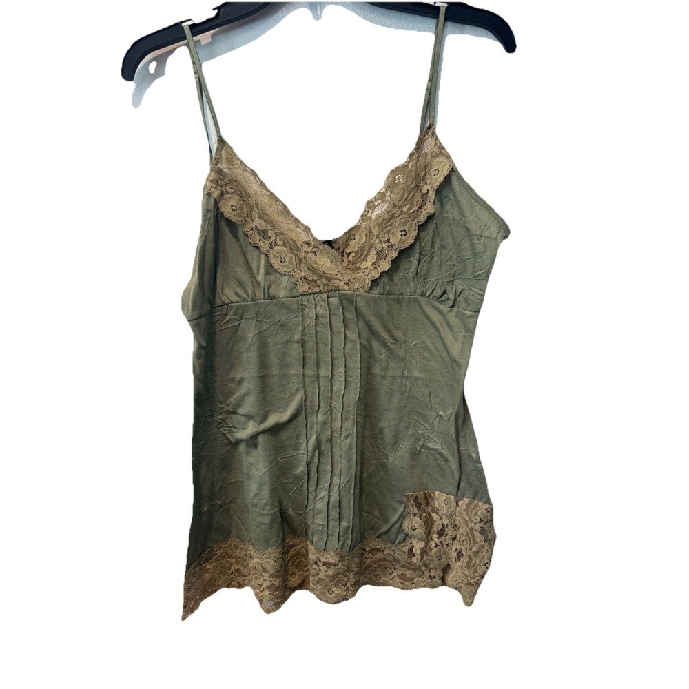 Y2K Babydoll Olive Crinkle Camisole Lace Trim Boho Grunge Adjustable Straps L - Picture 3 of 7